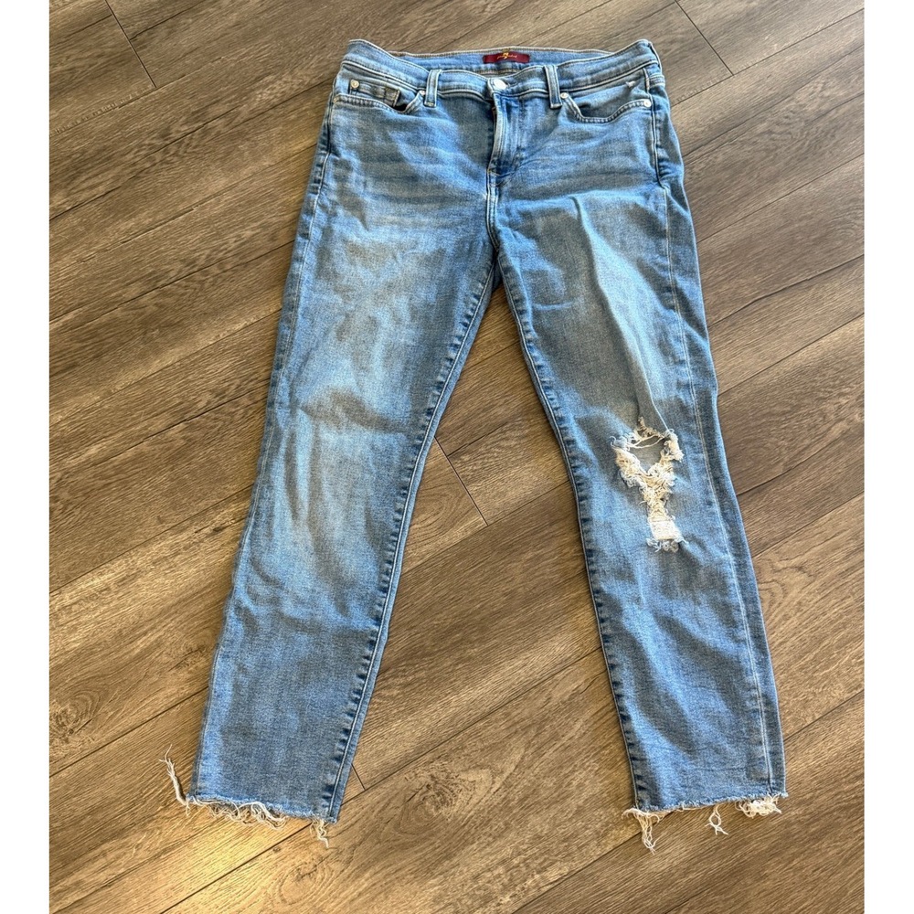 7 For All Mankind Roxanne Ankle Jeans Light Wash Distressed Raw Hem Size 30